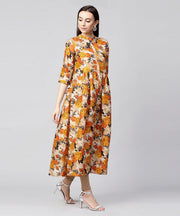 Yellow flower printed 3/4th sleeve Anarkali kurta