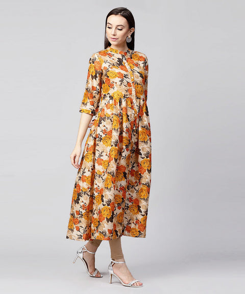 Yellow flower printed 3/4th sleeve Anarkali kurta