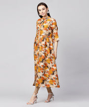 Yellow flower printed 3/4th sleeve Anarkali kurta