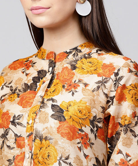 Yellow flower printed 3/4th sleeve Anarkali kurta