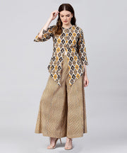 Yellow printed 3/4th sleeve cotton Assymetric tops with striped flared skirt