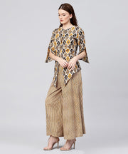 Yellow printed 3/4th sleeve cotton Assymetric tops with striped flared skirt