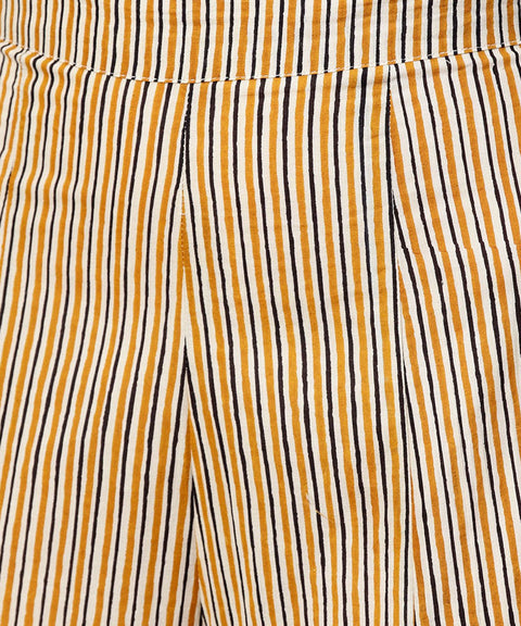 Yellow printed 3/4th sleeve cotton Assymetric tops with striped flared skirt