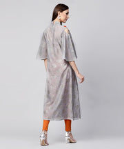 Grey foil printed 3/4th Circle cold shoulder sleeve cotton kurta with tussel work at yoke