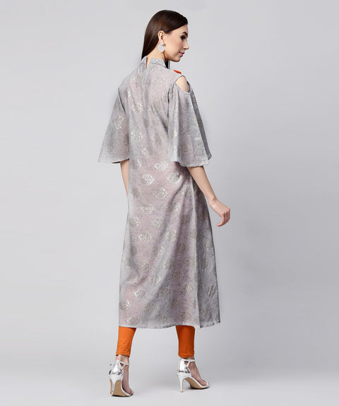Grey foil printed 3/4th Circle cold shoulder sleeve cotton kurta with tussel work at yoke