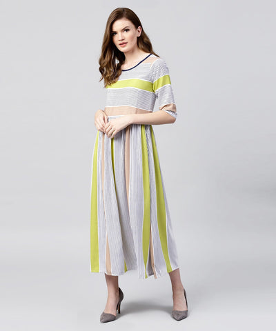 Off White half sleeve striped crepe maxi dress