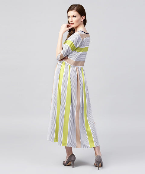 Off White half sleeve striped crepe maxi dress