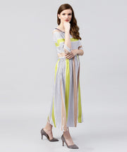Off White half sleeve striped crepe maxi dress