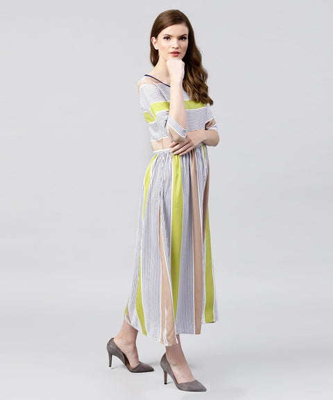 Off White half sleeve striped crepe maxi dress