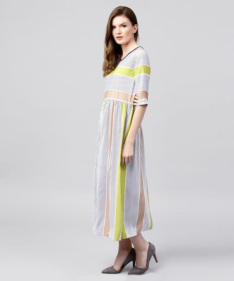Off White half sleeve striped crepe maxi dress