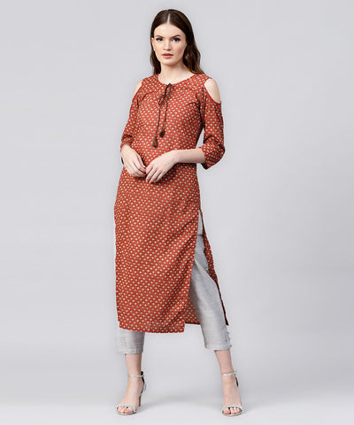Red printed 3/4th sleeve cold shoulder cotton assymetric kurta with dori work at yoke