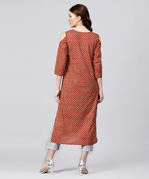 Red printed 3/4th sleeve cold shoulder cotton assymetric kurta with dori work at yoke