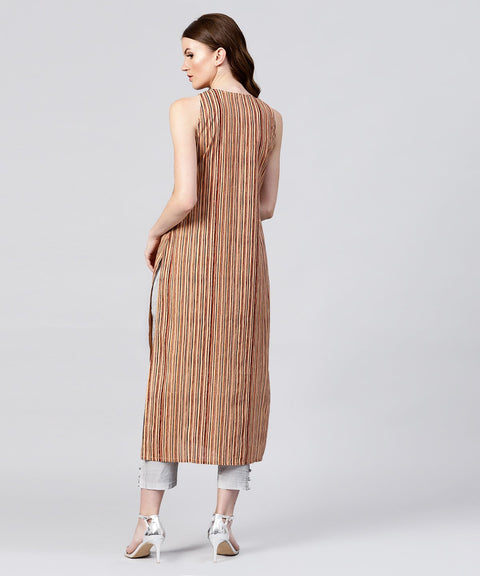 Beige striped sleeveless cotton long kurta