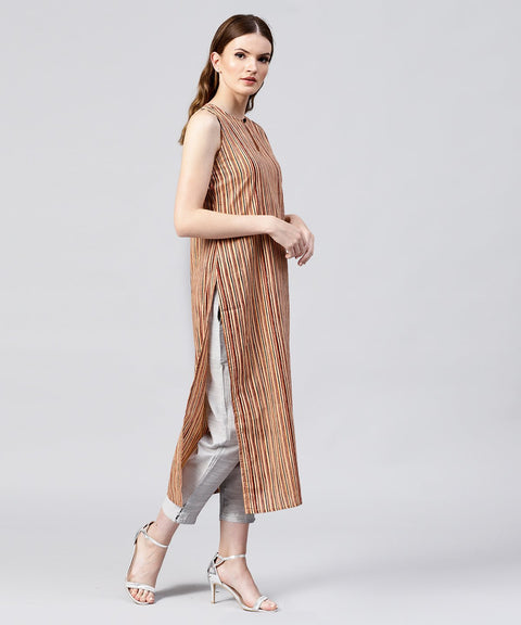 Beige striped sleeveless cotton long kurta