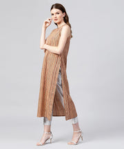 Beige striped sleeveless cotton long kurta