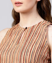 Beige striped sleeveless cotton long kurta