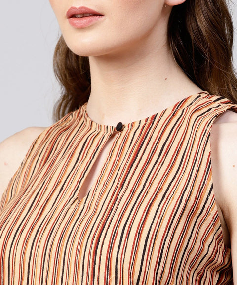 Beige striped sleeveless cotton long kurta
