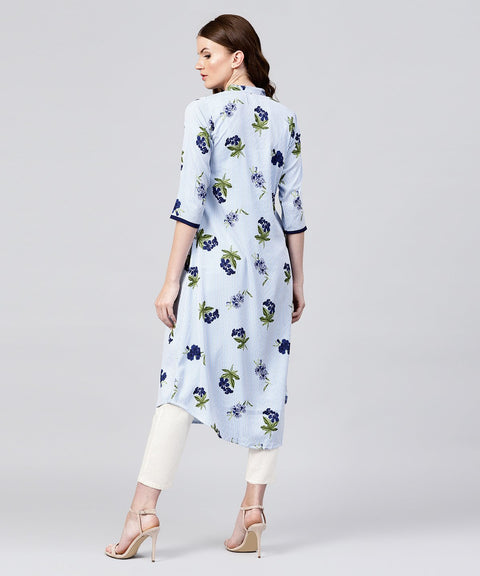 Blue striped 3/4th sleeve crepe A-line kurta