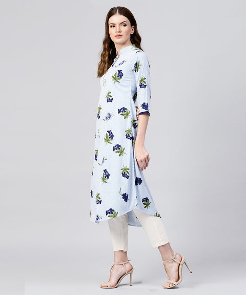 Blue striped 3/4th sleeve crepe A-line kurta