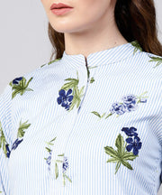 Blue striped 3/4th sleeve crepe A-line kurta