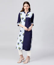Blue striped printed 3/4th sleeve crepe kurta
