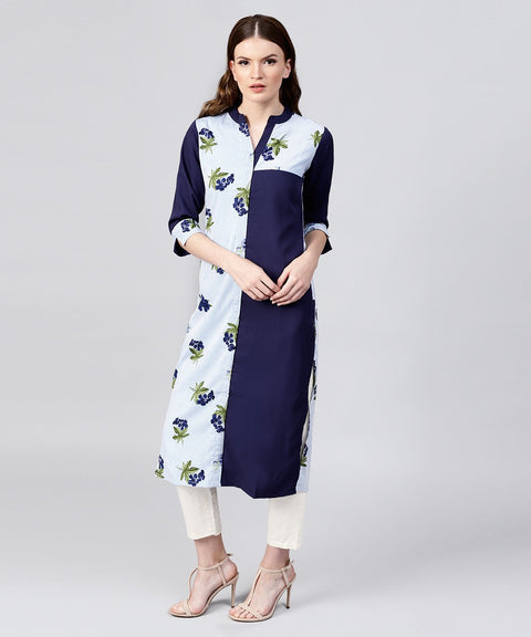 Blue striped printed 3/4th sleeve crepe kurta