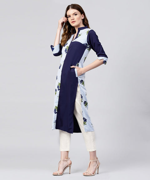 Blue striped printed 3/4th sleeve crepe kurta