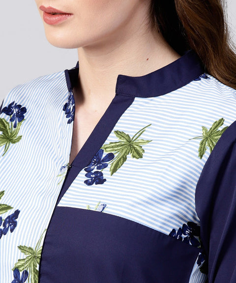 Blue striped printed 3/4th sleeve crepe kurta