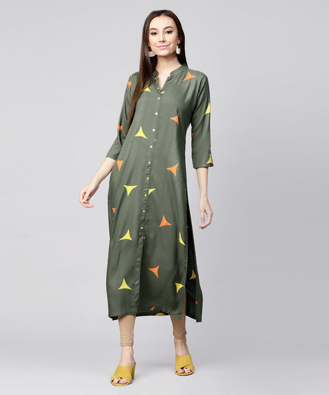 Green printed 3/4th sleeve cotton front open kurta