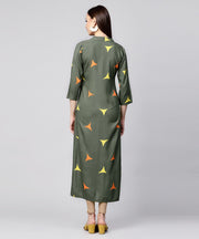 Green printed 3/4th sleeve cotton front open kurta