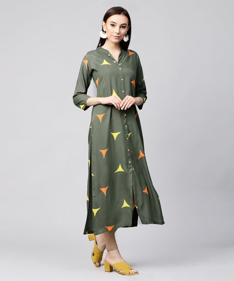 Green printed 3/4th sleeve cotton front open kurta