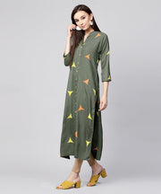 Green printed 3/4th sleeve cotton front open kurta