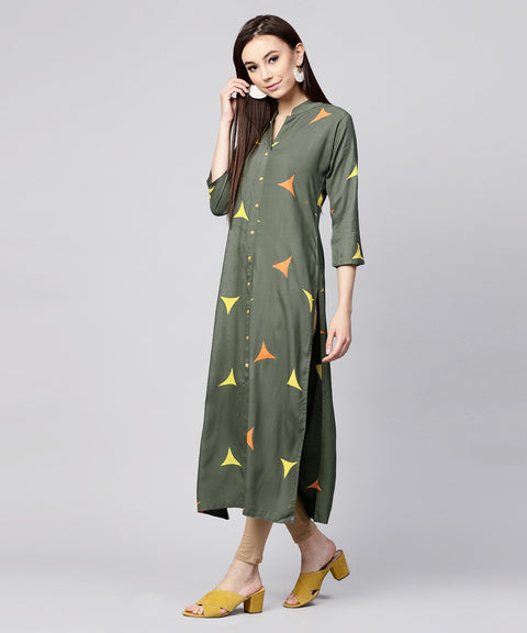 Green printed 3/4th sleeve cotton front open kurta