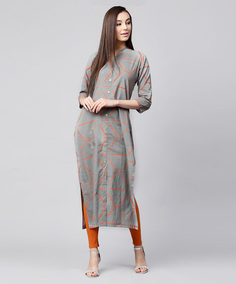 Grey printed 3/4th sleeve cotton front open kurta