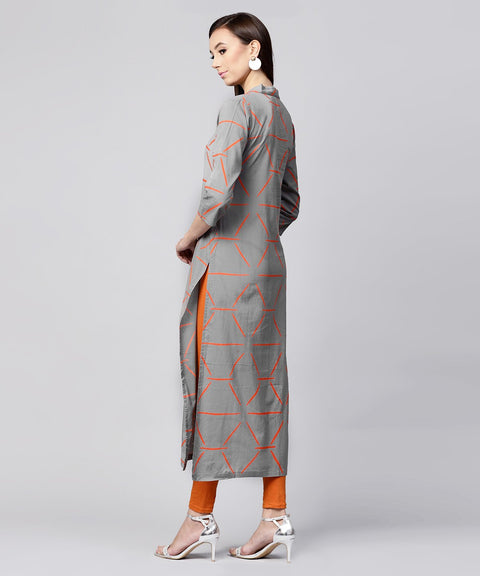 Grey printed 3/4th sleeve cotton front open kurta