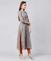 Grey printed 3/4th sleeve cotton front open kurta