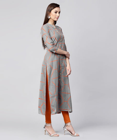 Grey printed 3/4th sleeve cotton front open kurta