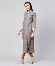 Grey printed 3/4th sleeve cotton front open kurta