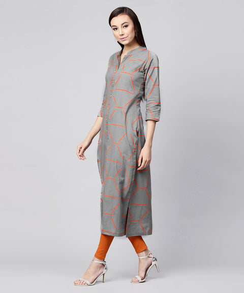 Grey printed 3/4th sleeve cotton front open kurta