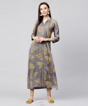 Grey printed 3/4th sleeve cotton front open kurta