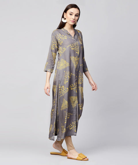 Grey printed 3/4th sleeve cotton front open kurta