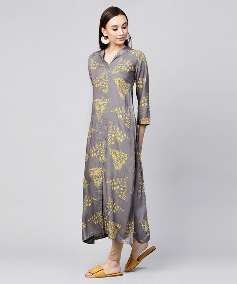 Grey printed 3/4th sleeve cotton front open kurta