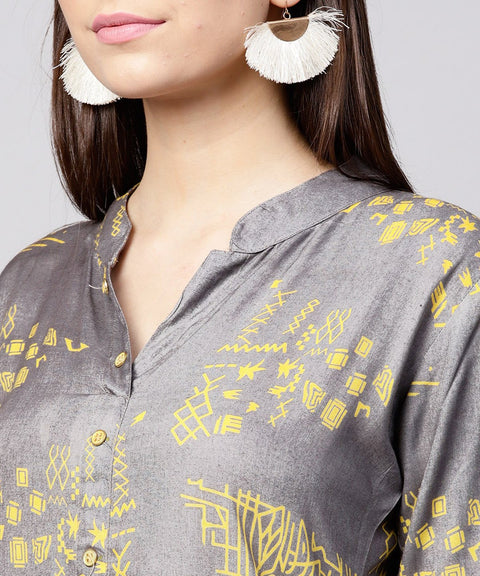 Grey printed 3/4th sleeve cotton front open kurta