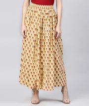 Yellow printed cotton ankle length flared skirt