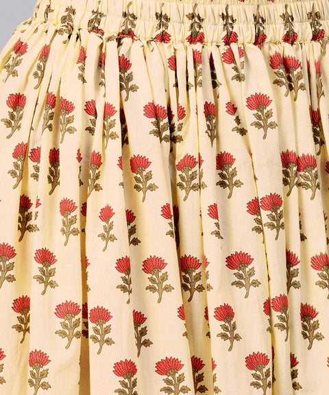 Yellow printed cotton ankle length flared skirt