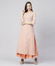 Off white printed 3/4th sleeve cotton kurta with Ankle length flared skirt