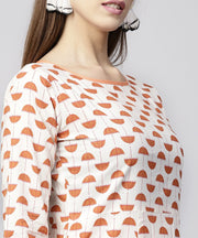 Off white printed 3/4th sleeve cotton kurta with Ankle length flared skirt