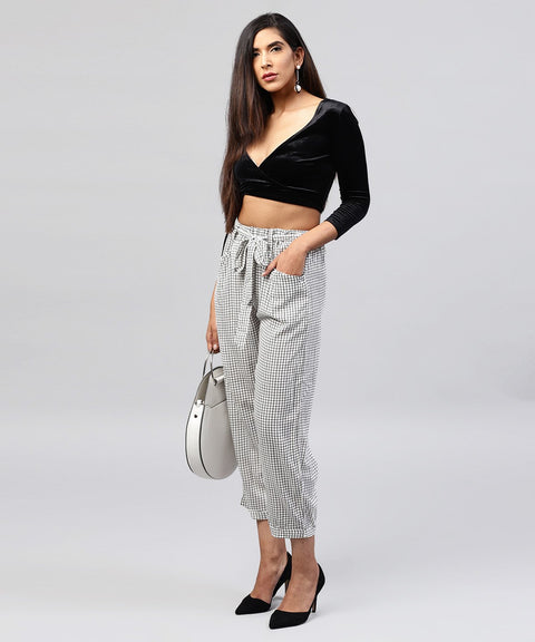 White & Black small checked cotton ankle length trouser