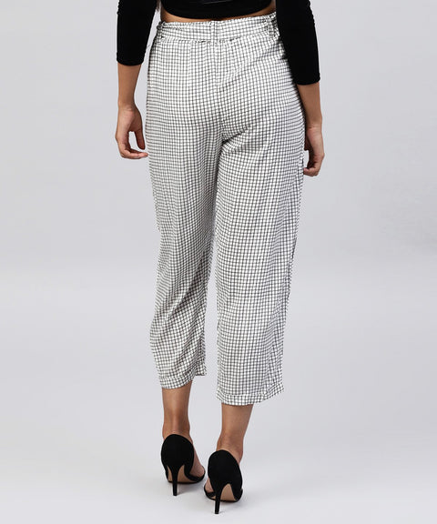 White & Black small checked cotton ankle length trouser