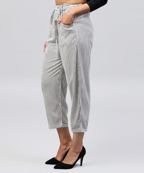 White & Black small checked cotton ankle length trouser